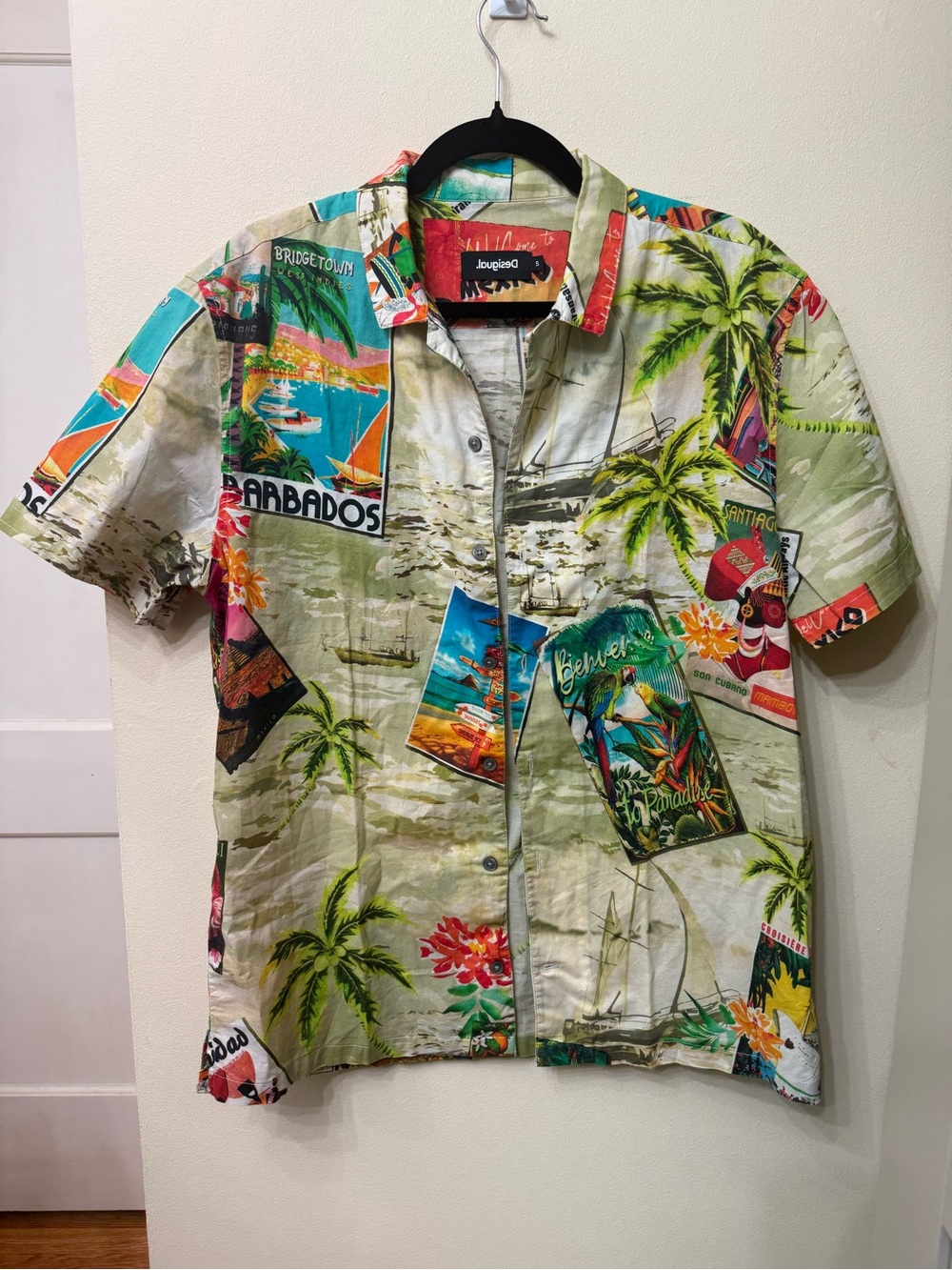 Desigual S Short Sleeve Button Down Postcard Print Shirt Hawaiian Tropical